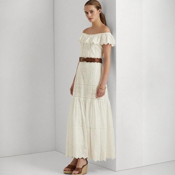 Lauren Ralph Lauren Dresses & Skirts - Lauren Ralph Lauren Eyelet Off The Shoulder Maxi Dress Size 0 Lined 100% Cotton